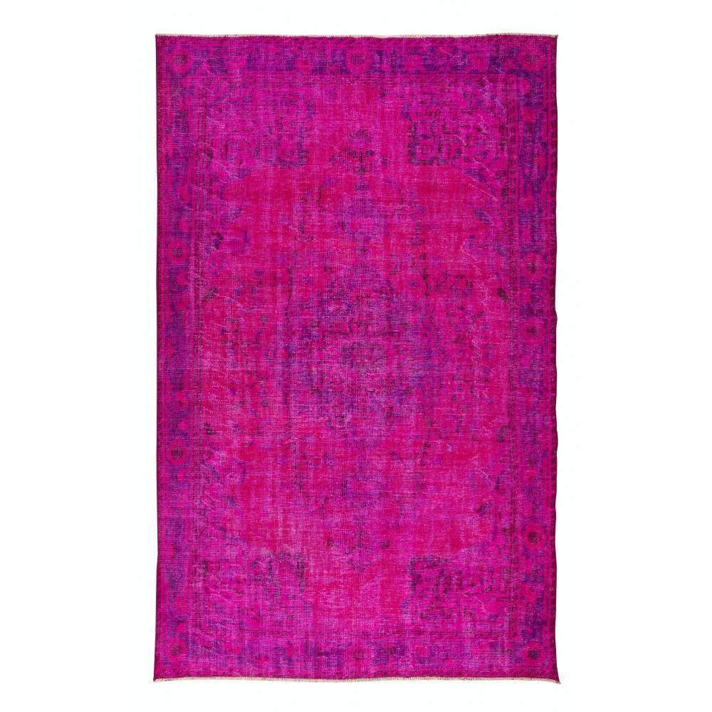 Turkish Vintage Rug Re-Dyed in Hot Pink, Handmade Medallion Design Carpet for Contemporary Interiors