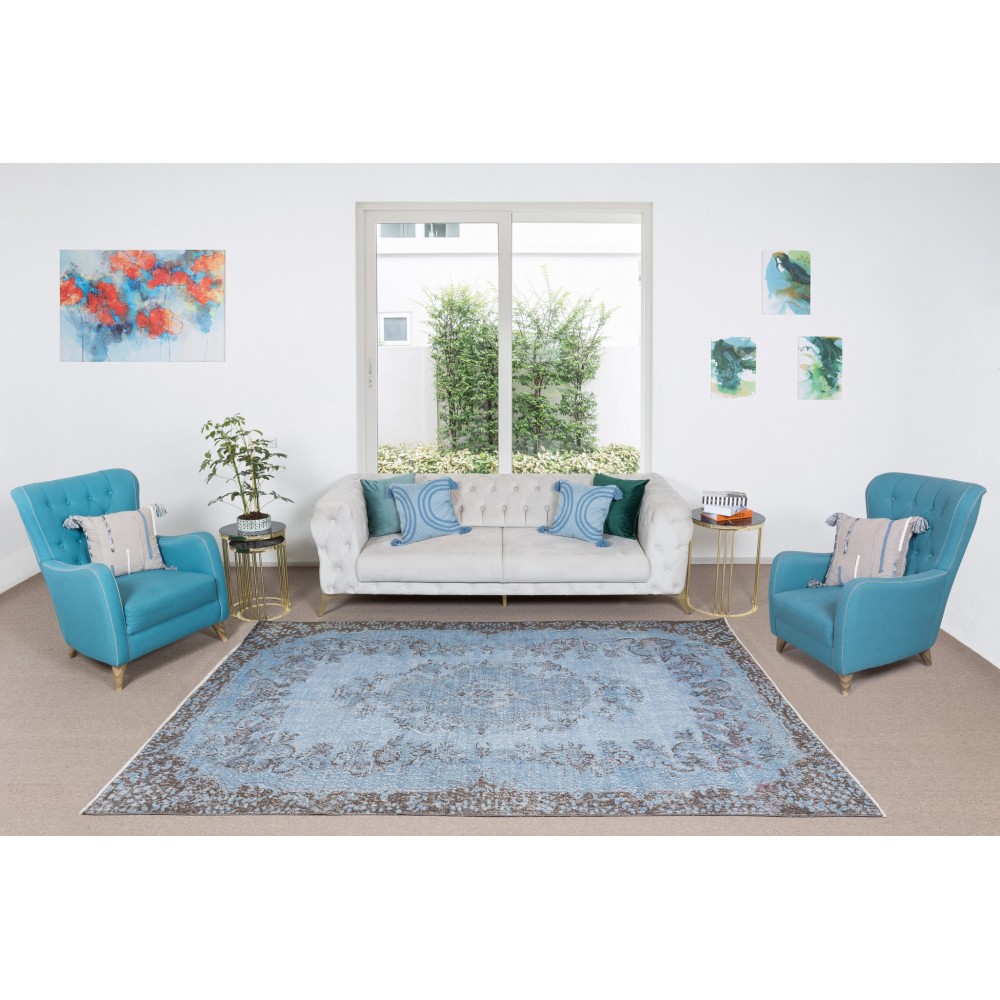 Handmade Vintage Turkish Wool Area Rug Over-Dyed in Light Blue, Ideal for Modern Home & Office Decor