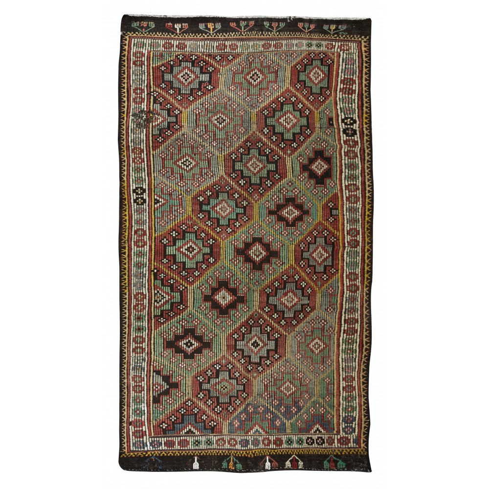 Vintage Turkish Jajim Kilim Rug, One of a Kind Hand-Woven Carpet Made of Wool
