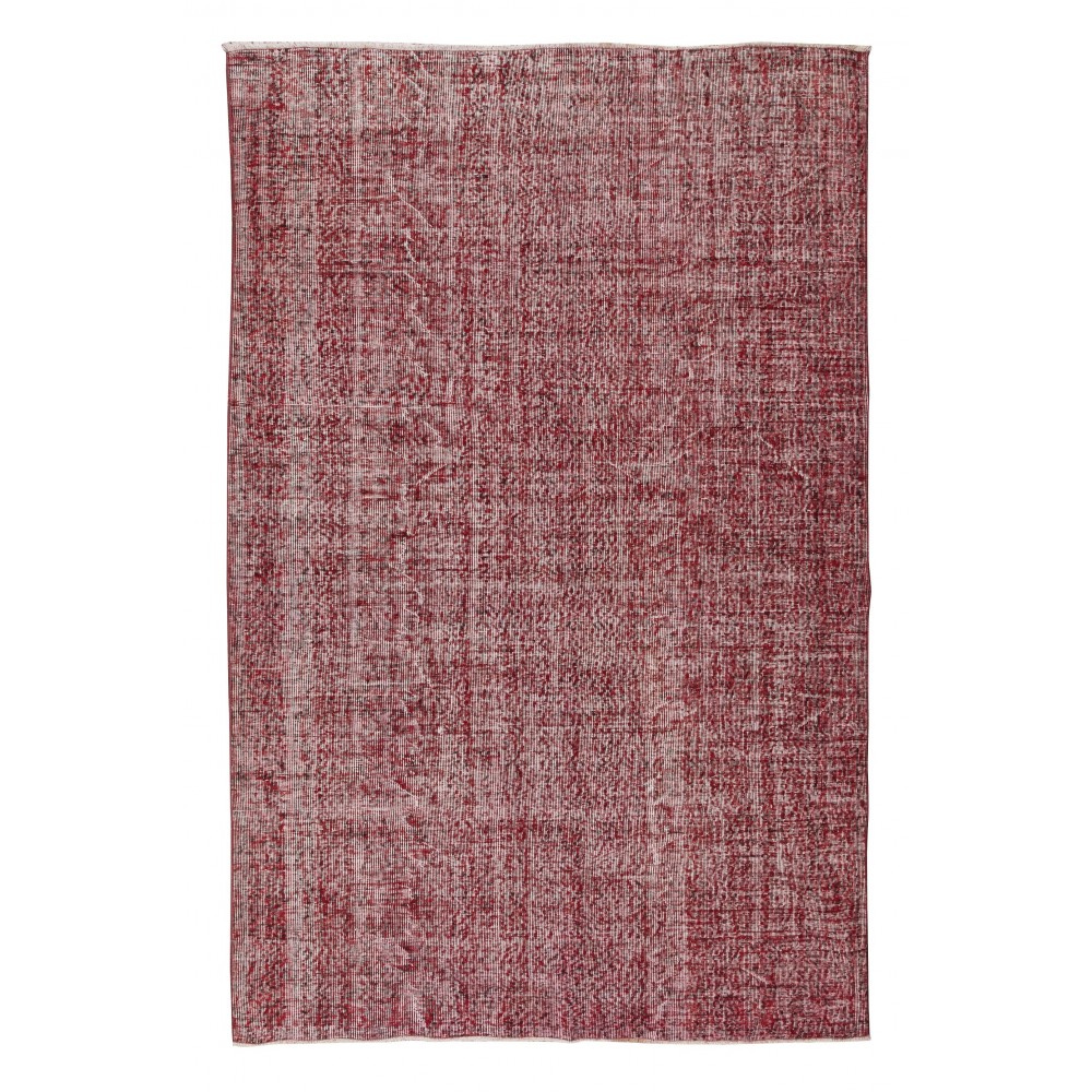 Turkish Vintage Distressed Area Rug Re-Dyed in Burgundy Red, Handmade Carpet for Contemporary Interiors