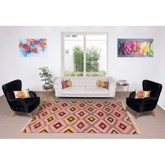 Dazzling Handmade Turkish Wool Kilim, One of a Kind Flat-Weave Rug, Floor Covering Dazzling Handmade Turkish Wool Kilim, One of a Kind Flat-Weave Rug, Floor Covering