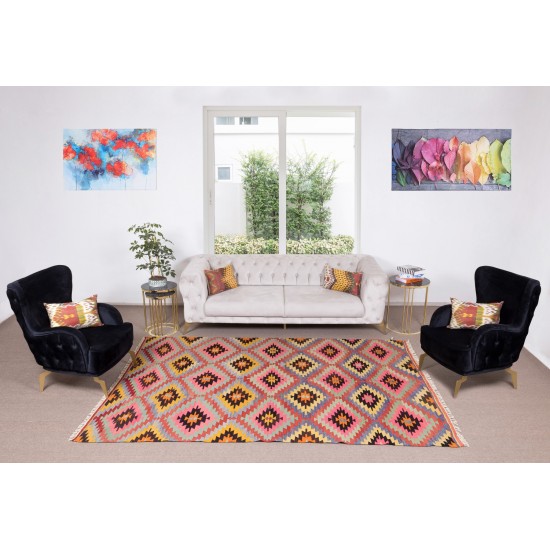 Dazzling Handmade Turkish Wool Kilim, One of a Kind Flat-Weave Rug, Floor Covering