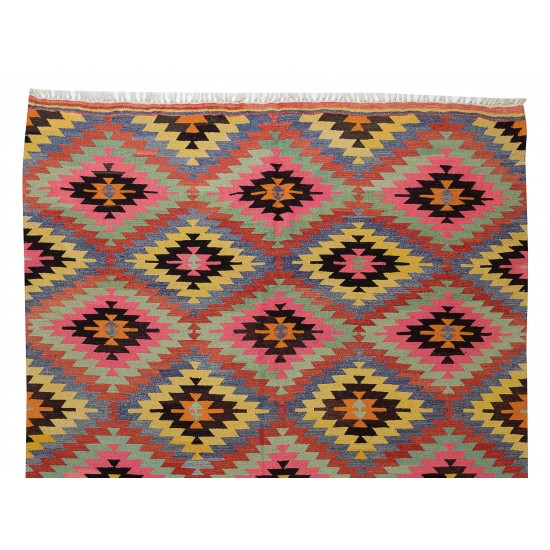 Dazzling Handmade Turkish Wool Kilim, One of a Kind Flat-Weave Rug, Floor Covering
