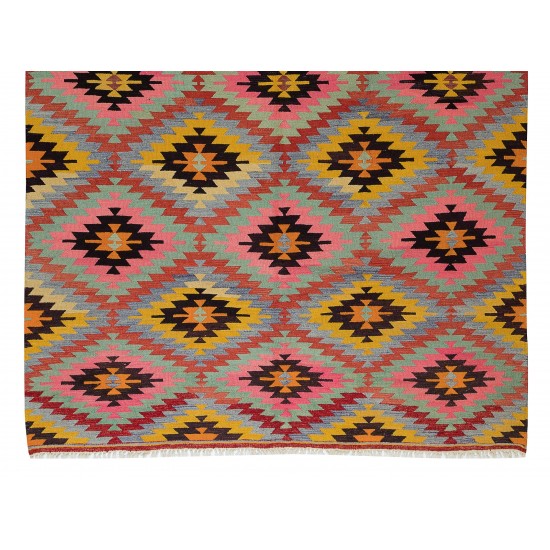 Dazzling Handmade Turkish Wool Kilim, One of a Kind Flat-Weave Rug, Floor Covering Dazzling Handmade Turkish Wool Kilim, One of a Kind Flat-Weave Rug, Floor Covering