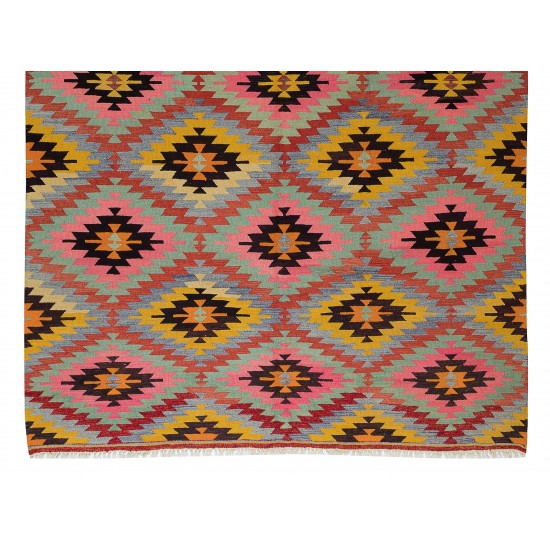 Dazzling Handmade Turkish Wool Kilim, One of a Kind Flat-Weave Rug, Floor Covering