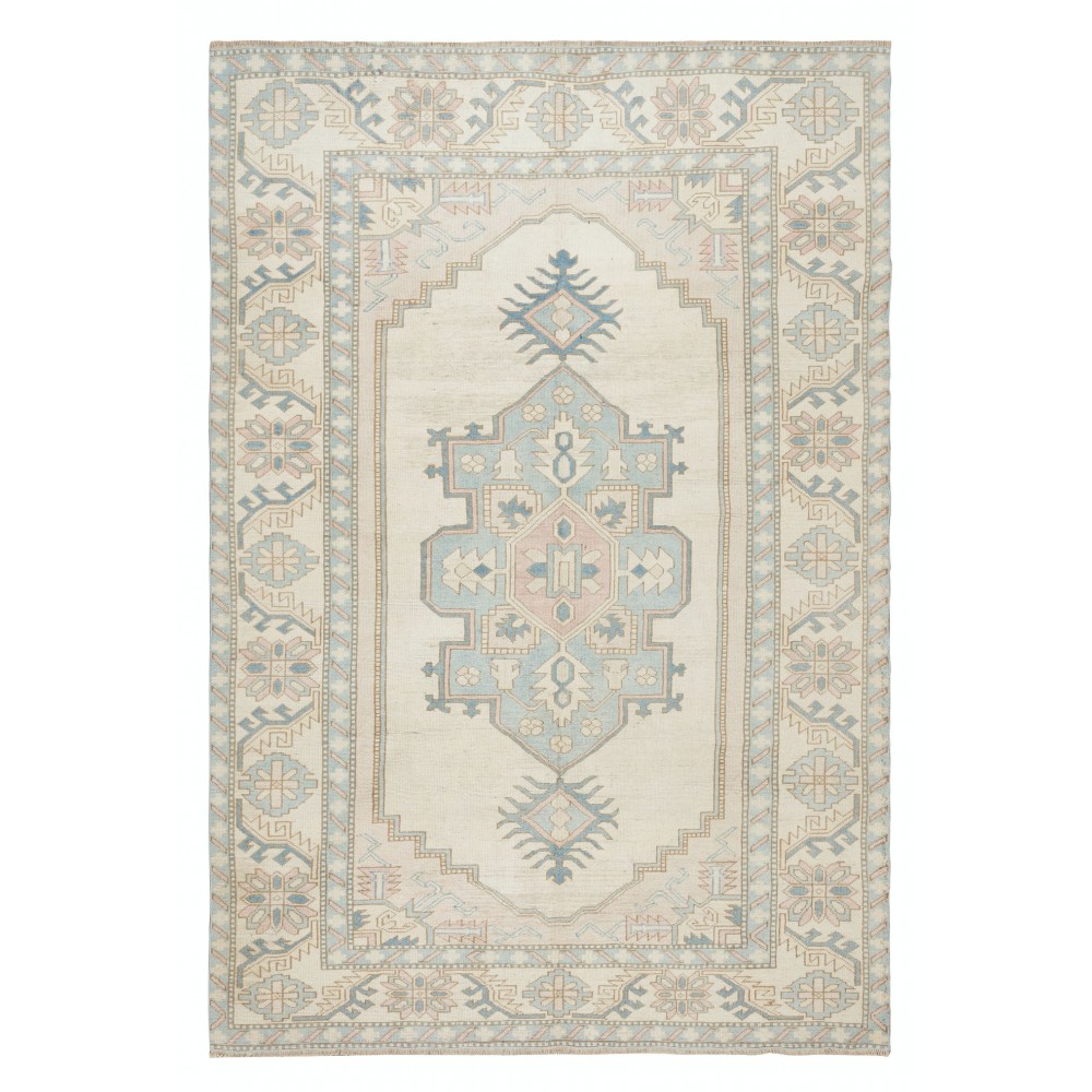 Vintage Handmade Turkish Area Rug with Geometric Design, 100% Wool