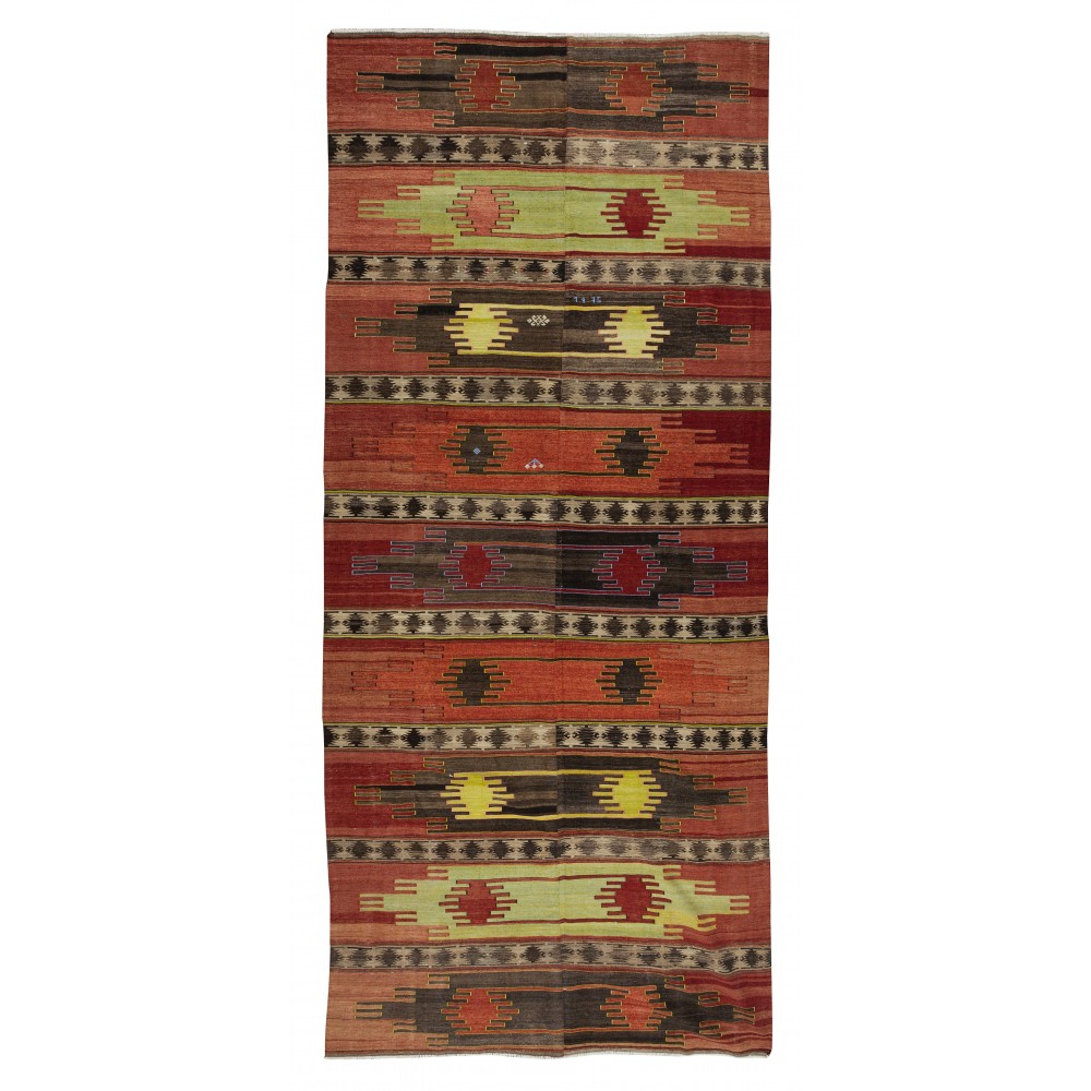 Vintage Hand-Woven Nomadic Central Anatolian Runner Kilim 'Flat-Weave', 100% Wool