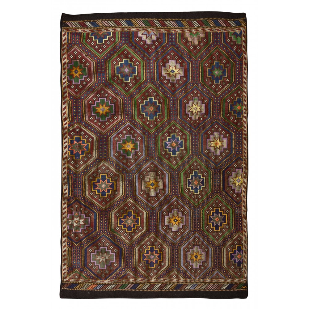 Vintage Turkish Jajim Kilim Rug, One of a Kind Hand-Woven Carpet Made of Wool