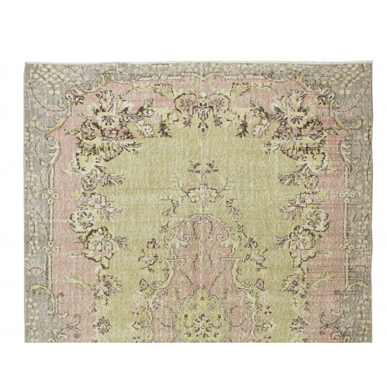 Handmade Anatolian Oushak Area Rug in Soft Colors with Floral Medallion Design. Vintage Carpet in Green, Pink & Brown Colors