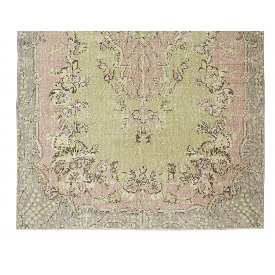 Handmade Anatolian Oushak Area Rug in Soft Colors with Floral Medallion Design. Vintage Carpet in Green, Pink & Brown Colors