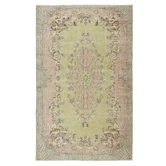 Handmade Anatolian Oushak Area Rug in Soft Colors with Floral Medallion Design. Vintage Carpet in Green, Pink & Brown Colors