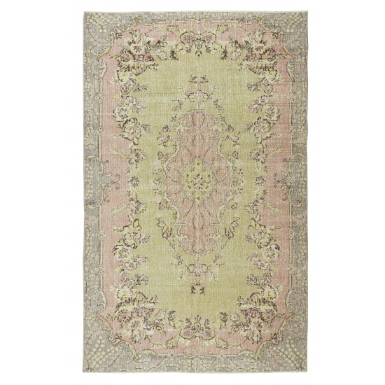 Handmade Anatolian Oushak Area Rug in Soft Colors with Floral Medallion Design. Vintage Carpet in Green, Pink & Brown Colors Handmade Anatolian Oushak Area Rug in Soft Colors with Floral Medallion Design. Vintage Carpet in Green, Pink & Brown Colors