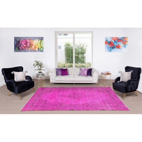 Anatolian Vintage Rug Re-Dyed in Fuchsia Pink, Hand Knotted Carpet for Contemporary Interiors