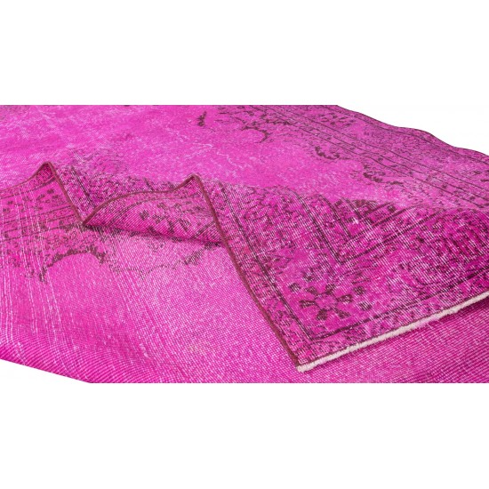 Anatolian Vintage Rug Re-Dyed in Fuchsia Pink, Hand Knotted Carpet for Contemporary Interiors