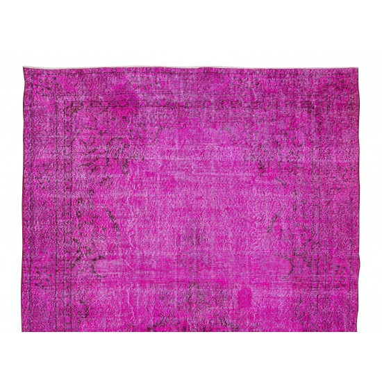 Anatolian Vintage Rug Re-Dyed in Fuchsia Pink, Hand Knotted Carpet for Contemporary Interiors