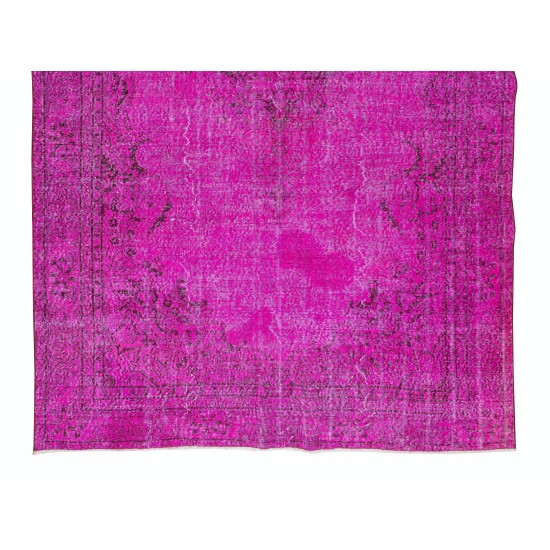 Anatolian Vintage Rug Re-Dyed in Fuchsia Pink, Hand Knotted Carpet for Contemporary Interiors