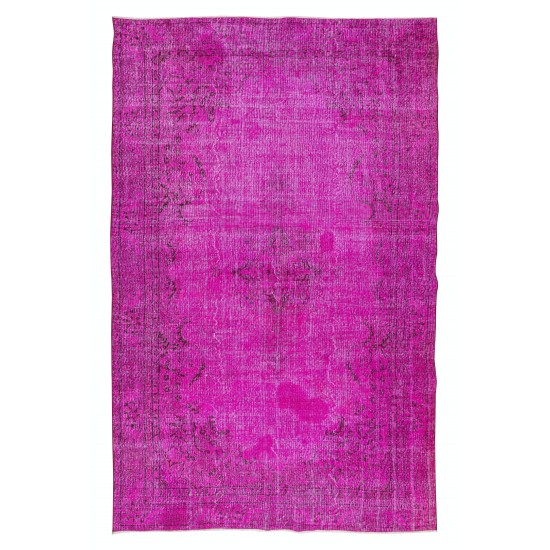 Anatolian Vintage Rug Re-Dyed in Fuchsia Pink, Hand Knotted Carpet for Contemporary Interiors