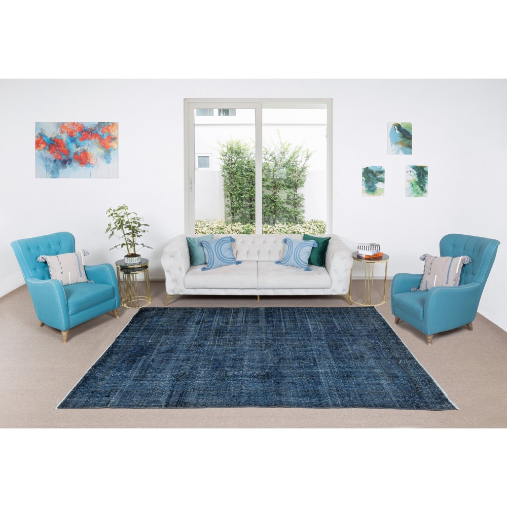 Handmade Vintage Turkish Modern Rug Over-Dyed in Indigo Blue, Wool and Cotton Carpet