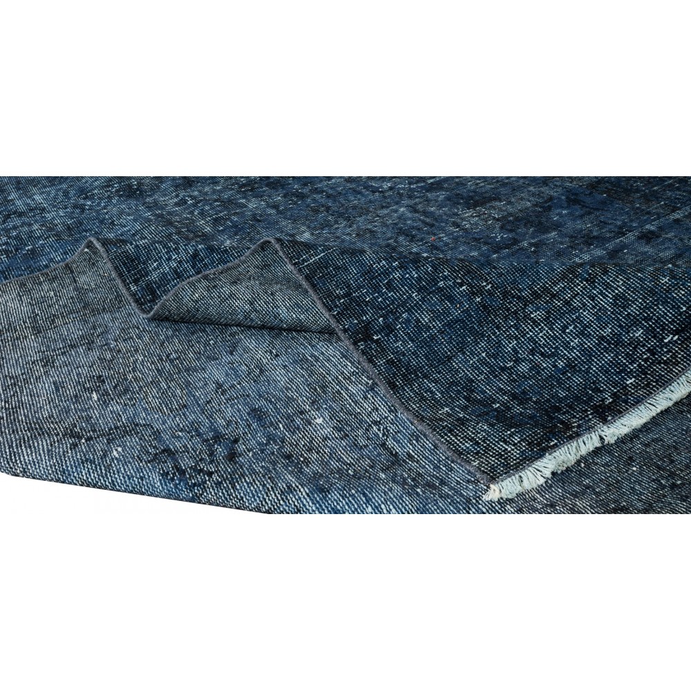 Handmade Vintage Turkish Modern Rug Over-Dyed in Indigo Blue, Wool and Cotton Carpet