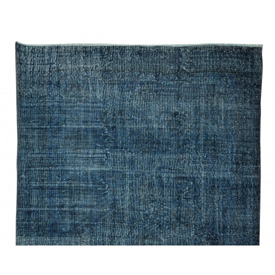 Handmade Vintage Turkish Modern Rug Over-Dyed in Indigo Blue, Wool and Cotton Carpet