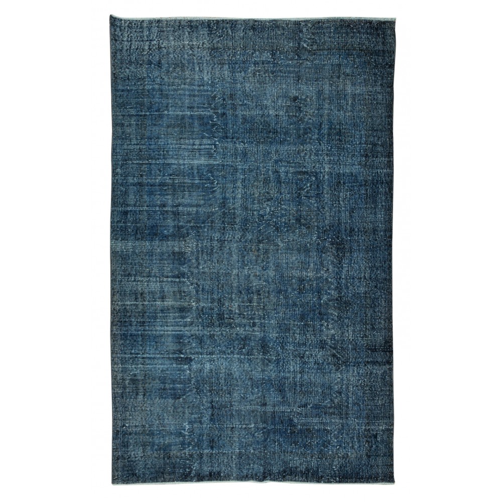 Handmade Vintage Turkish Modern Rug Over-Dyed in Indigo Blue, Wool and Cotton Carpet