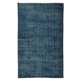 Handmade Vintage Turkish Modern Rug Over-Dyed in Indigo Blue, Wool and Cotton Carpet