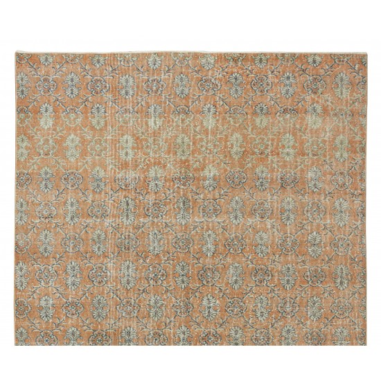 Vintage Handmade Turkish Area Rug in Orange Color, Floral Patterned Authentic Wool Carpet