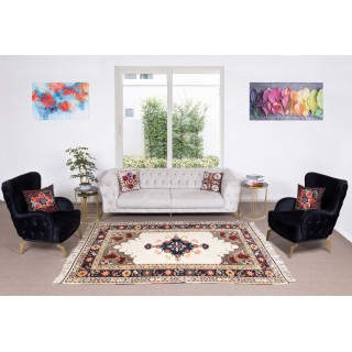 Handmade Anatolian Area Rug with Geometric Medallion Design, 100% Wool