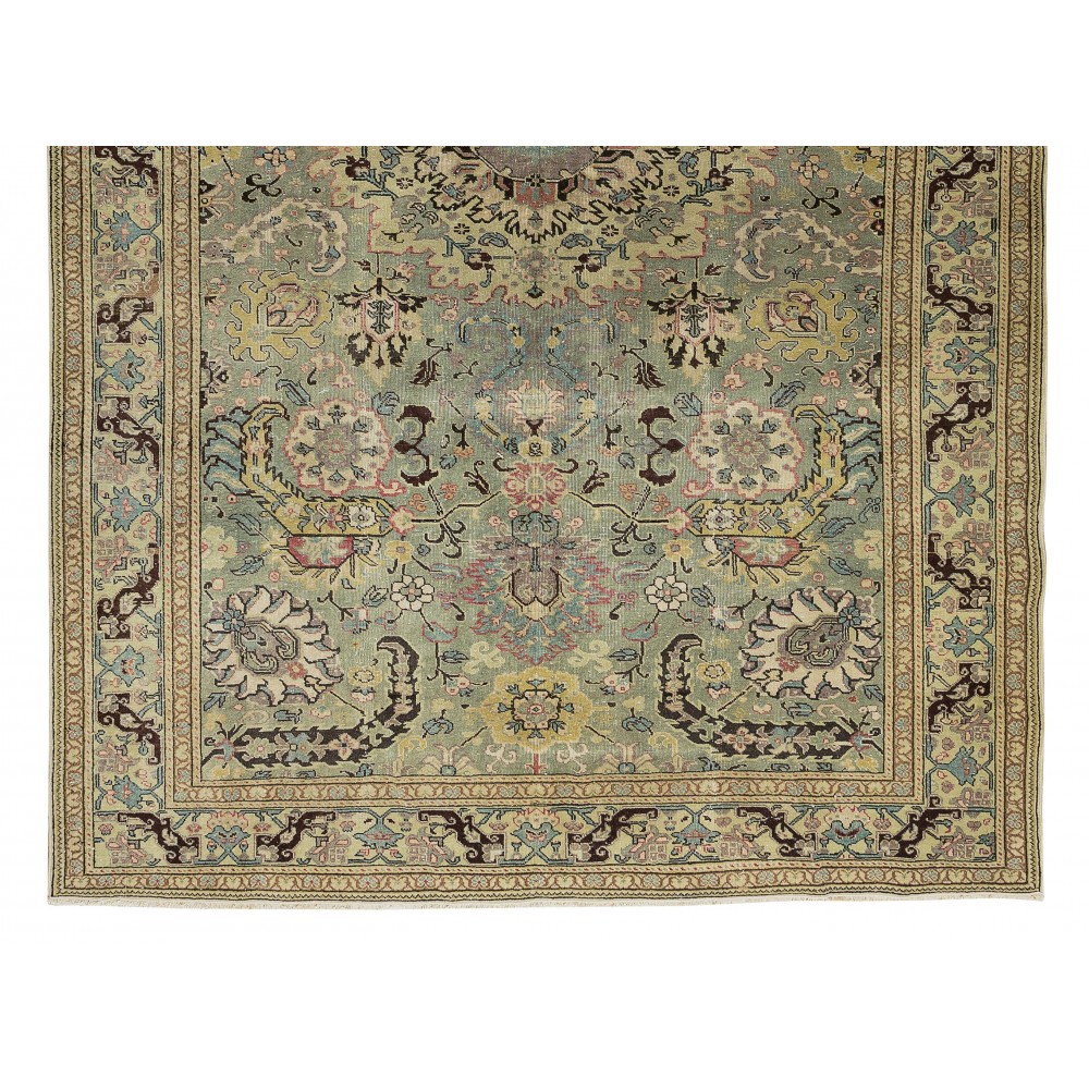 Handmade Turkish Kayseri Area Rug, Vintage Medallion Design Carpet in Shades of Green, 100% Wool