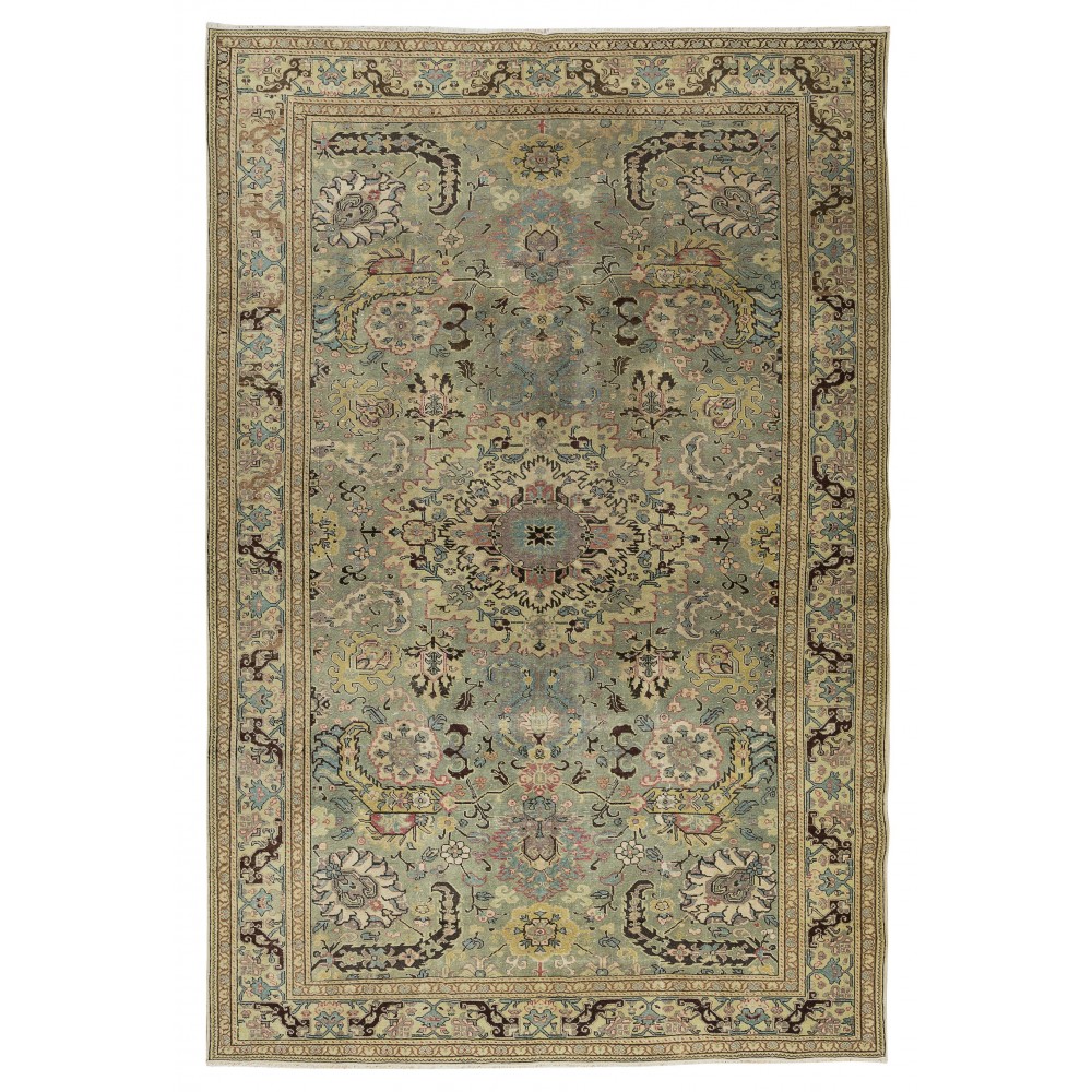 Handmade Turkish Kayseri Area Rug, Vintage Medallion Design Carpet in Shades of Green, 100% Wool
