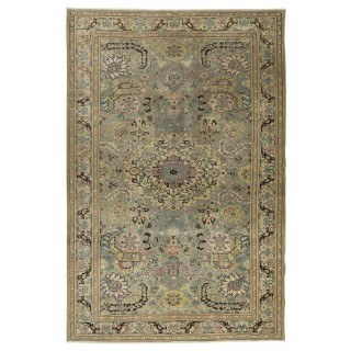 Handmade Turkish Kayseri Area Rug, Vintage Medallion Design Carpet in Shades of Green, 100% Wool