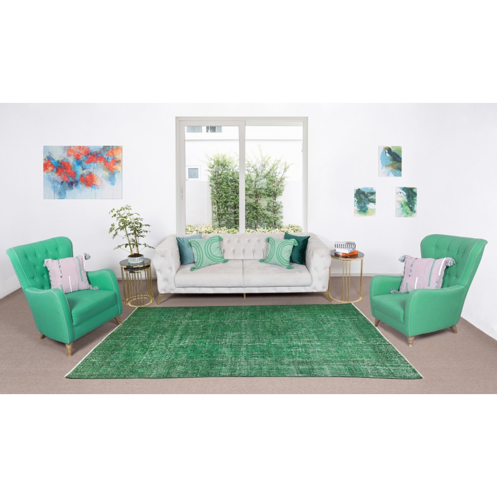 Vintage Green Rug, Handmade Turkish Wool Area Rug Overdyed in Green