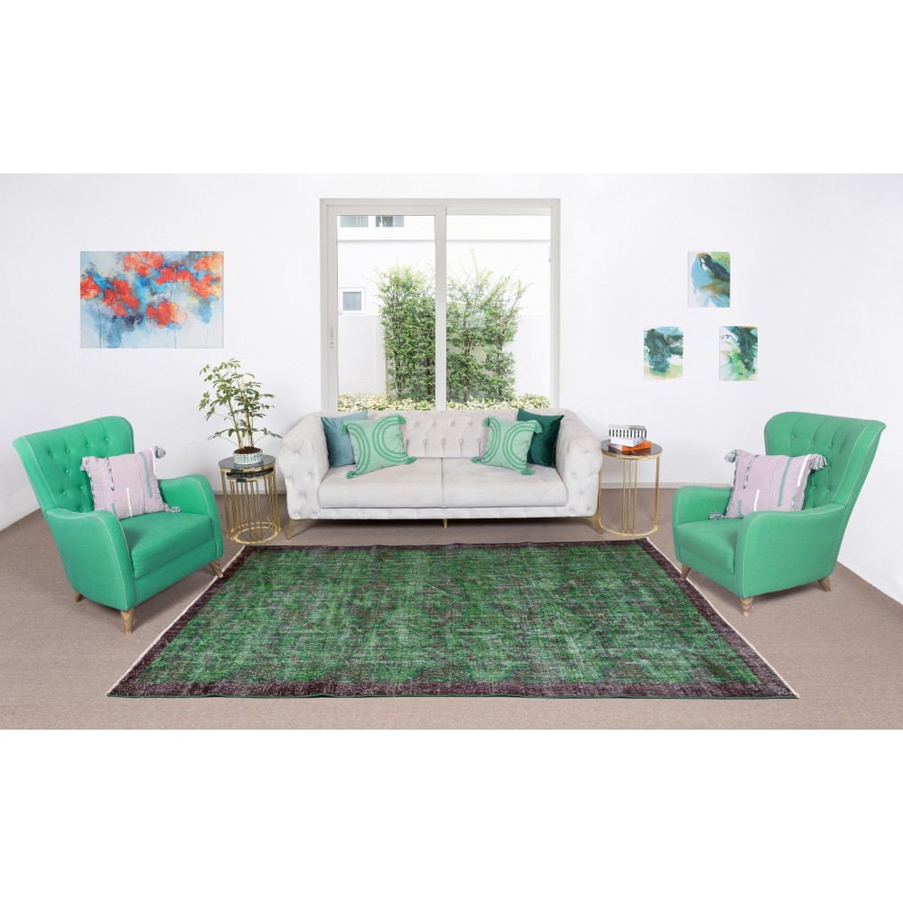 Vintage Green Rug, Handmade Turkish Wool Area Rug Overdyed in Green