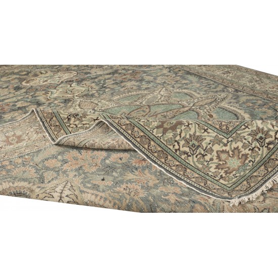 Hand Knotted Vintage Anatolian Oushak Wool Area Rug in Shades of Green