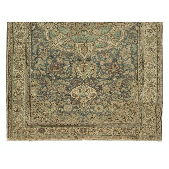 Hand Knotted Vintage Anatolian Oushak Wool Area Rug in Shades of Green