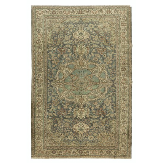 Hand Knotted Vintage Anatolian Oushak Wool Area Rug in Shades of Green