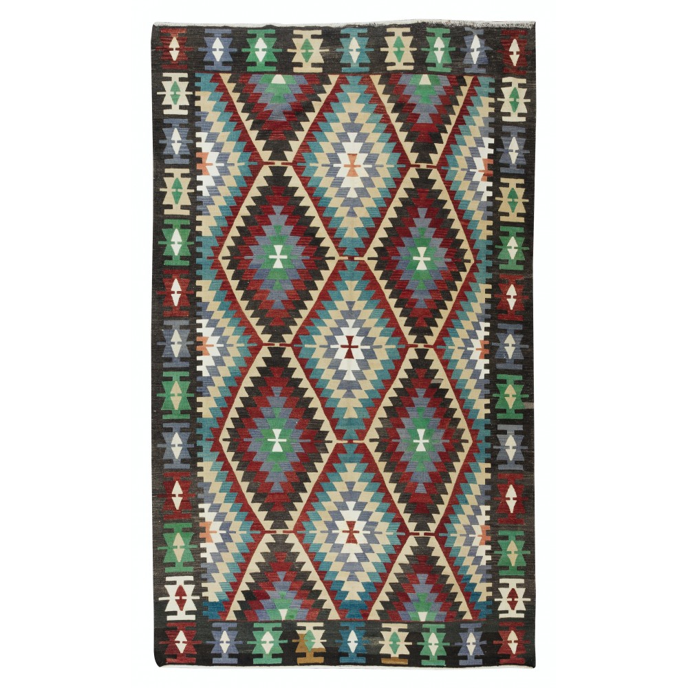 Vintage Hand-Woven Turkish Kilim Rug, Flat-Weave Floor Covering