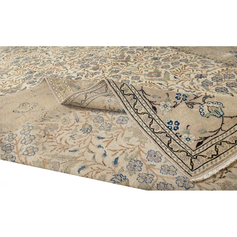 Hand Knotted Vintage Turkish Oushak Wool Area Rug with Floral Design