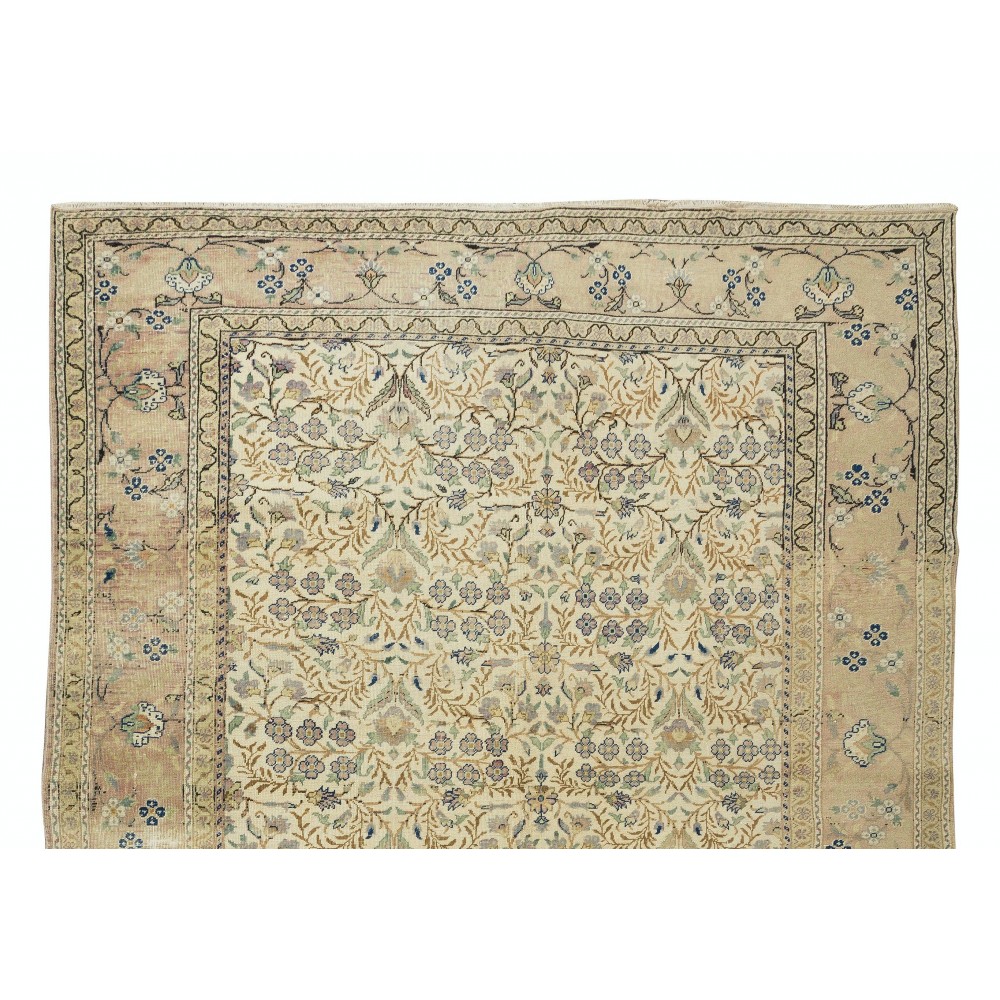 Hand Knotted Vintage Turkish Oushak Wool Area Rug with Floral Design
