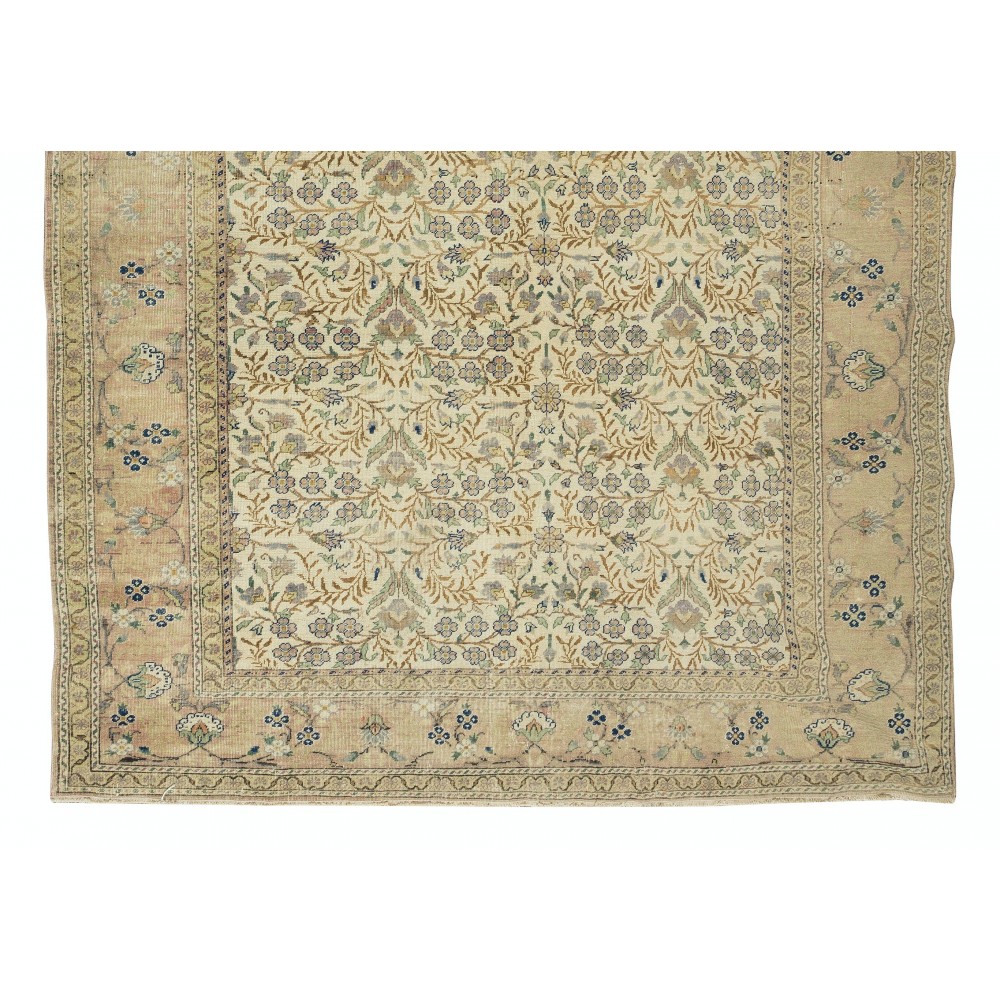 Hand Knotted Vintage Turkish Oushak Wool Area Rug with Floral Design