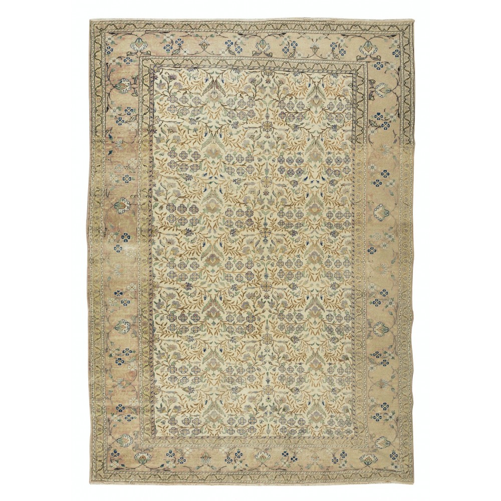 Hand Knotted Vintage Turkish Oushak Wool Area Rug with Floral Design