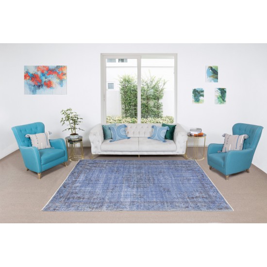 Handmade Vintage Modern Rug Over-Dyed in Blue with Art Deco Chinese Design Handmade Vintage Modern Rug Over-Dyed in Blue with Art Deco Chinese Design