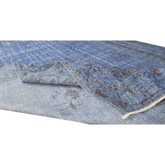 Handmade Vintage Modern Rug Over-Dyed in Blue with Art Deco Chinese Design Handmade Vintage Modern Rug Over-Dyed in Blue with Art Deco Chinese Design