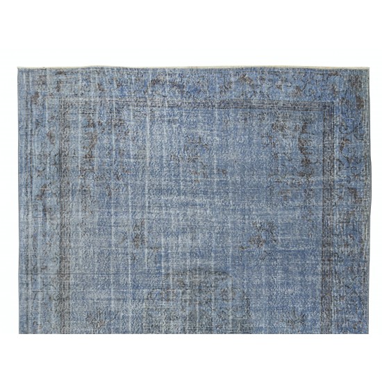 Handmade Vintage Modern Rug Over-Dyed in Blue with Art Deco Chinese Design