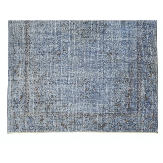 Handmade Vintage Modern Rug Over-Dyed in Blue with Art Deco Chinese Design Handmade Vintage Modern Rug Over-Dyed in Blue with Art Deco Chinese Design