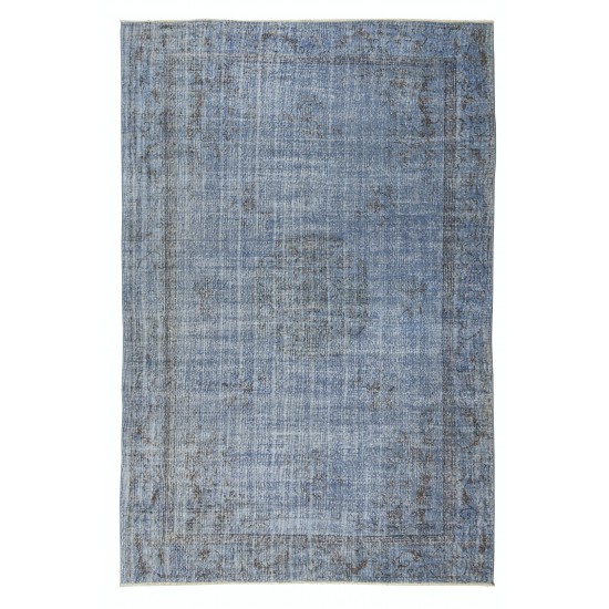Handmade Vintage Modern Rug Over-Dyed in Blue with Art Deco Chinese Design