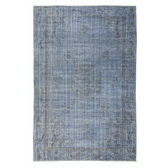 Handmade Vintage Modern Rug Over-Dyed in Blue with Art Deco Chinese Design Handmade Vintage Modern Rug Over-Dyed in Blue with Art Deco Chinese Design