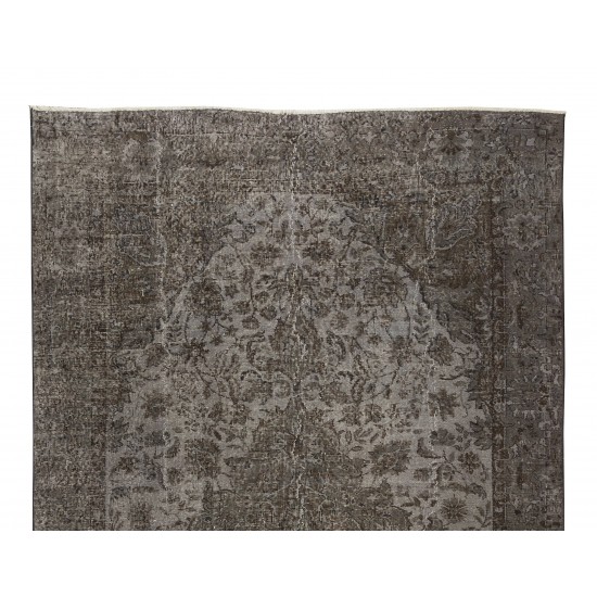 Gray Over-Dyed Rug with Medallion Design, Vintage Hand-Knotted Turkish Floor Covering