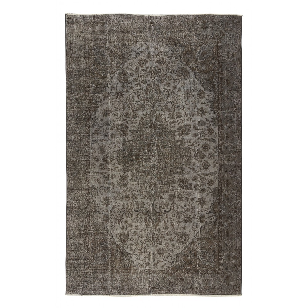 Gray Over-Dyed Rug with Medallion Design, Vintage Hand-Knotted Turkish Floor Covering