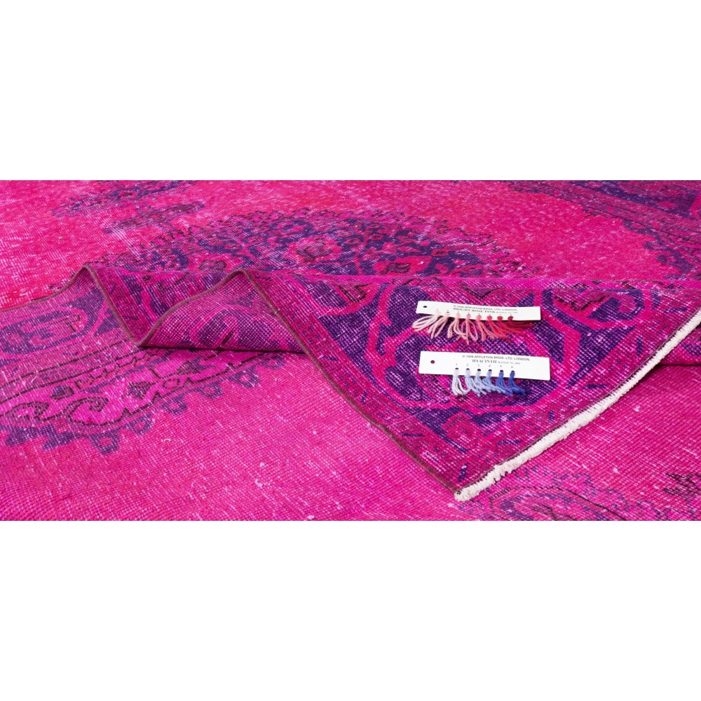 Vintage Handmade Turkish Wool Area Rug Over-Dyed in Fuchsia with Medallion Design